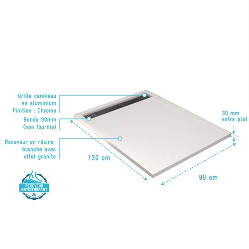 Receveur De Douche Extra-plat En Résine - Effet Pierre Grille Linéaire Chrome - 90x120 Cm - Blanc
