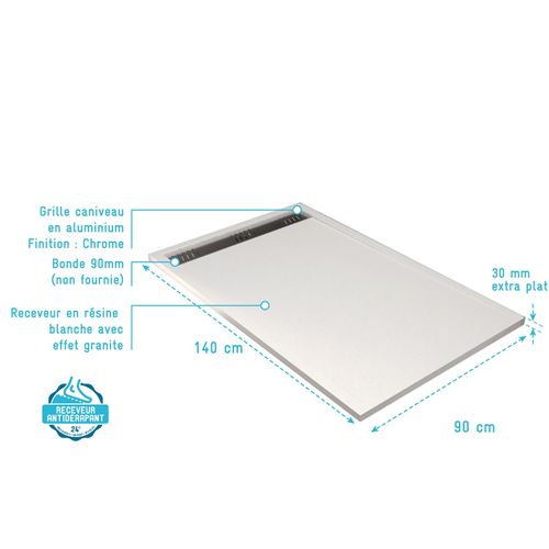 Receveur De Douche Extra-plat En Résine - Effet Pierre Grille Linéaire Chrome - 90x140 Cm - Blanc