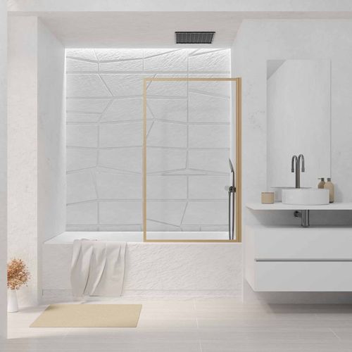 Pare Baignoire Rabattable 80x140 Cm - Cadre Aluminium Décor Bois - Verre Trempé Ondulé 4 Mm