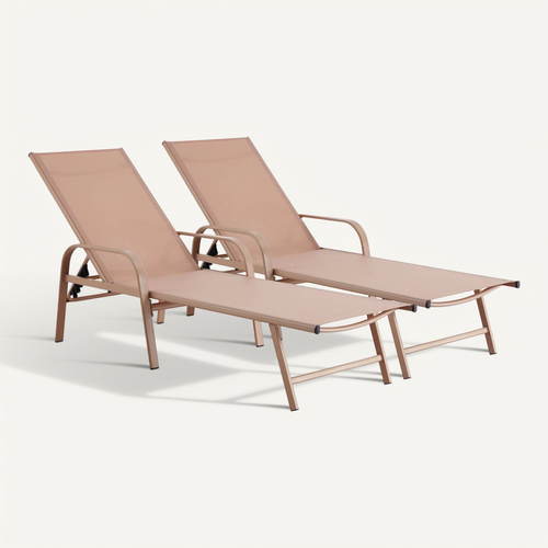 Lot De 2 Bains De Soleil En Métal Avec Accoudoirs "farniente" - Marron