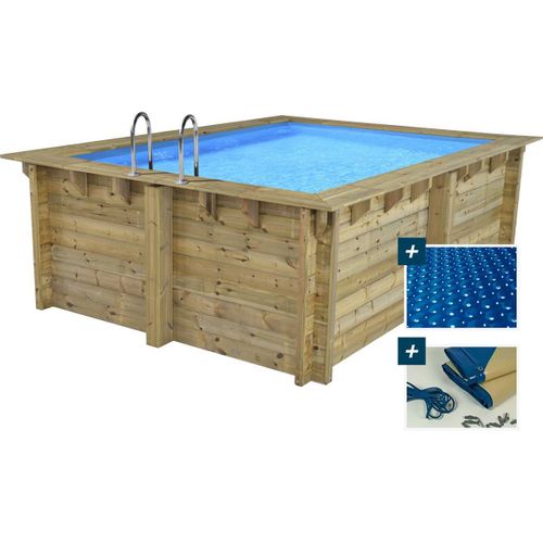 Piscine Bois Rectangle " Caimans 120  " - 4.10 X 3.00 X 1.24  M + Bâche à Bulles 180 Μ - Bâche Hiver