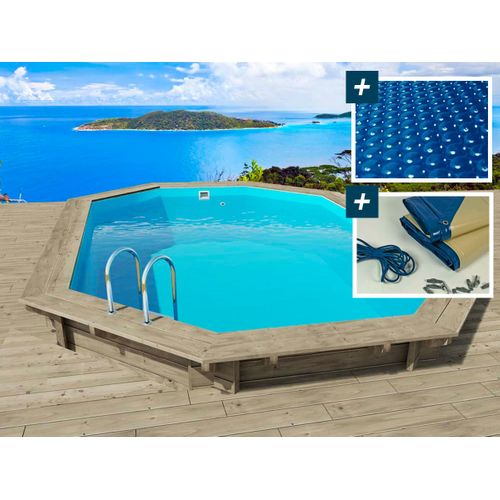 Piscine Bois " Miami 120 " - 4.86 X 3.36 X 1.20 M + Bâche à Bulles 180 Μ + Bâche Hiver 280 Gr/m²