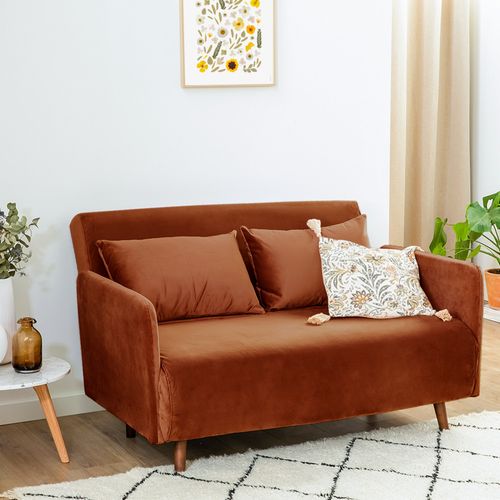 Canapé Convertible 2 Places En Velours Pieds Bois Foncé
