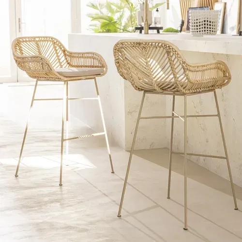 Lot De 2 Tabourets De Bar En Rotin Pieds Beiges H68cm