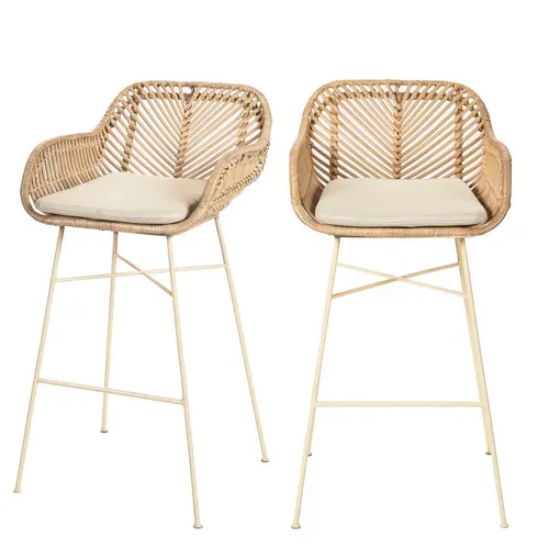Lot De 2 Tabourets De Bar En Rotin Pieds Beiges H68cm