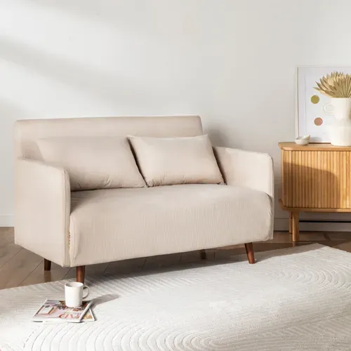 Canapé Convertible 2 Places En Velours Côtelé Pieds Bois Foncé