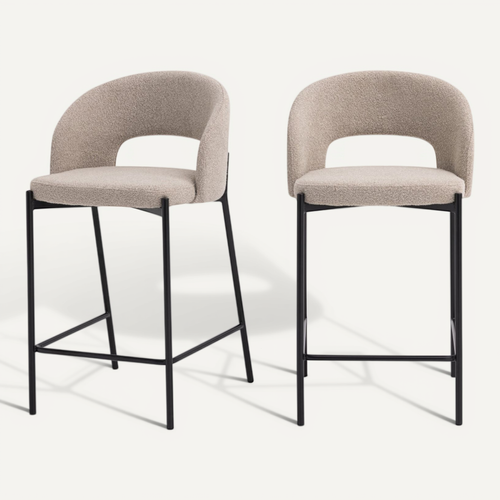 Soren - Lot De 2 Chaises De Bar En Tissu Bouclette Et Métal H65cm - Beige Chiné