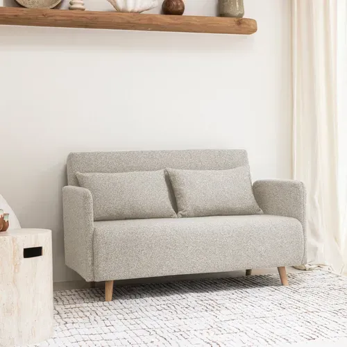 Canapé Convertible 2 Places En Tissu Bouclette Pieds Bois Clair