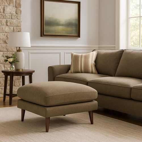 Villabon - Pouf En Tissu Pieds Bois Foncé - Caramel Chiné