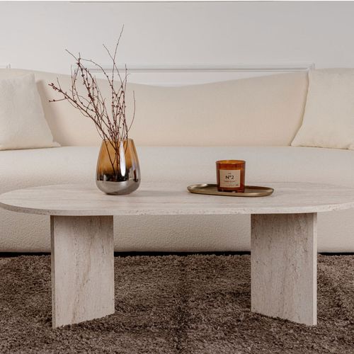 Sam - Table Basse Ovale Effet Travertin 119x60cm - Beige