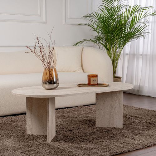 Sam - Table Basse Ovale Effet Travertin 119x60cm - Beige