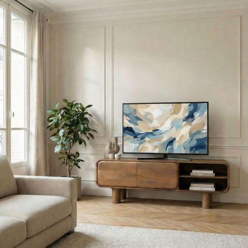 Sira - Meuble TV 2 Portes En Bois Massif L140cm - Bois Foncé