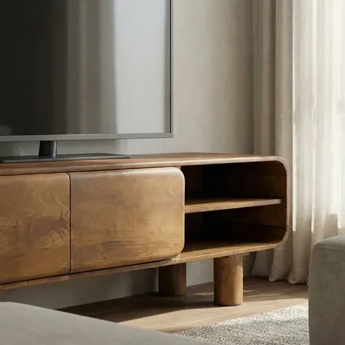Sira - Meuble TV 2 Portes En Bois Massif L140cm - Bois Foncé