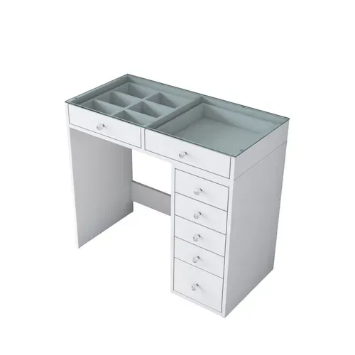 Tiya - Coiffeuse 7 Tiroirs Avec Plateau En Verre L90cm - Blanc