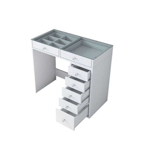 Tiya - Coiffeuse 7 Tiroirs Avec Plateau En Verre L90cm - Blanc