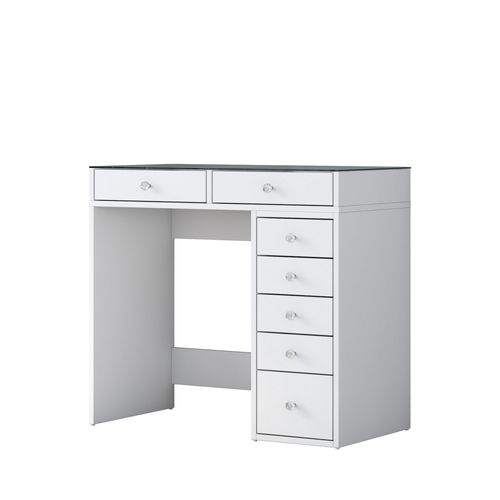Tiya - Coiffeuse 7 Tiroirs Avec Plateau En Verre L90cm - Blanc
