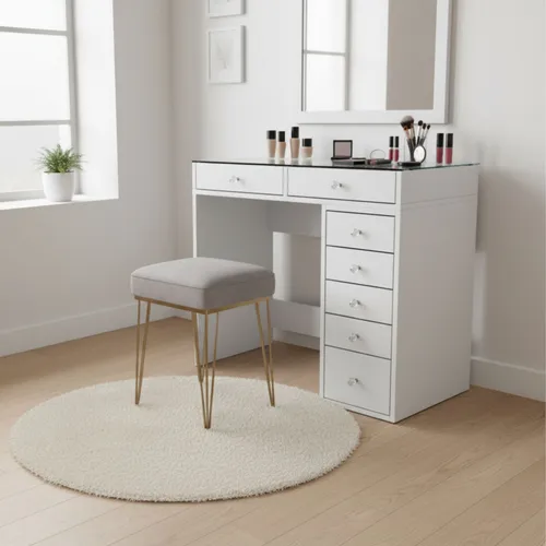 Tiya - Coiffeuse 7 Tiroirs Avec Plateau En Verre L90cm - Blanc