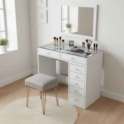 Tiya - Coiffeuse 7 Tiroirs Avec Plateau En Verre L90cm - Blanc