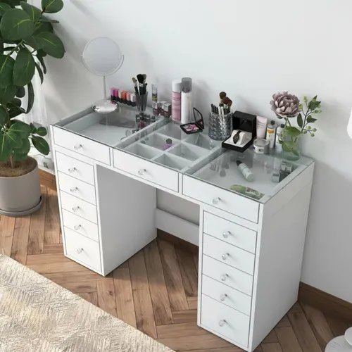 Coiffeuse 13 Tiroirs Avec Plateau En Verre L120cm