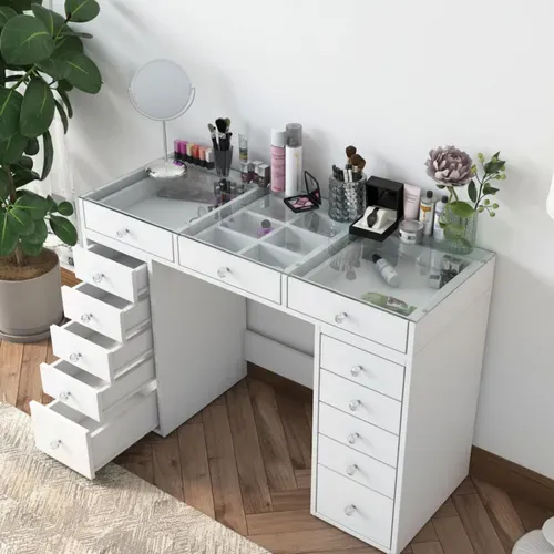 Coiffeuse 13 Tiroirs Avec Plateau En Verre L120cm