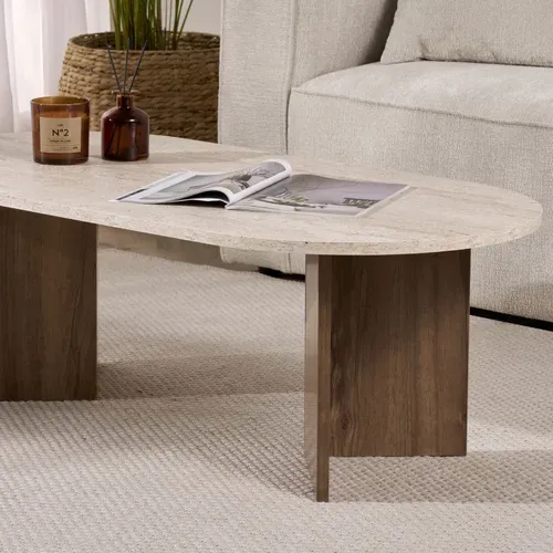 Table Basse Ovale En Bois Et Effet Travertin