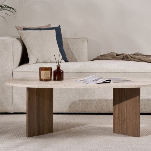 Table Basse Ovale En Bois Et Effet Travertin