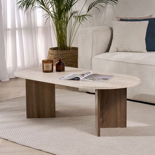Table Basse Ovale En Bois Et Effet Travertin