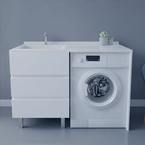 Meuble Spécial Lave-linge Kora Avec Plan Vasque Déportée 124 Cm X 65 Cm- Blanc- Vasque À Gauche