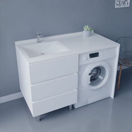 Meuble Spécial Lave-linge Kora Avec Plan Vasque Déportée 124 Cm X 65 Cm- Blanc- Vasque À Gauche