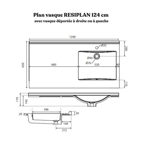 Meuble Spécial Lave-linge Kora Avec Plan Vasque Déportée 124 Cm X 65 Cm- Blanc- Vasque À Gauche