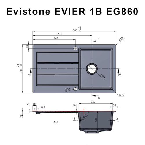 Évier Evistone Avec 1 Bac + Égouttoir 86cm - Nero