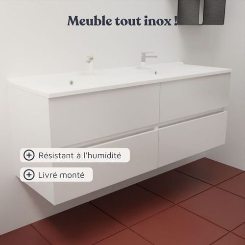 Meuble Double Vasque 140 Cm Rosaly Inox- Blanc- Plan Vasque En