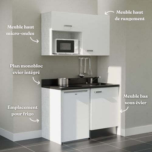 Kitchenette K07 - Blanc - Plan Monobloc Nero évier À Droite