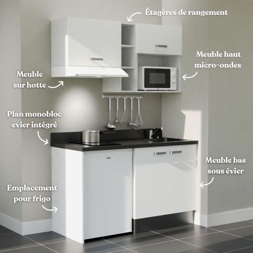 Kitchenette K13 - Blanc - Plan Monobloc Nero évier à Droite
