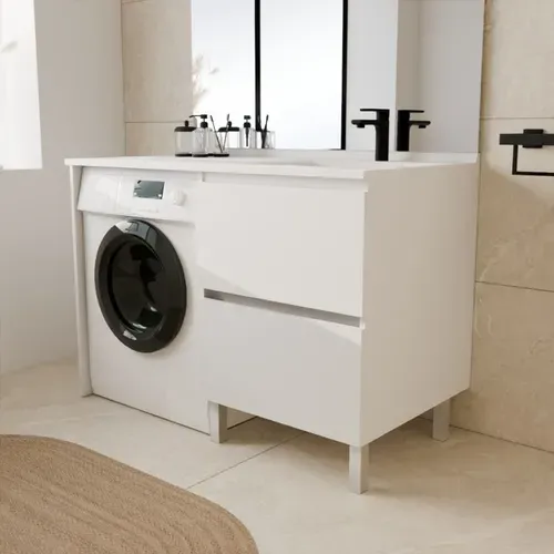 Meuble Pour Lave-linge Idea, Plan Vasque Déportée 124 Cm X 65 Cm- Blanc- Vasque à Droite