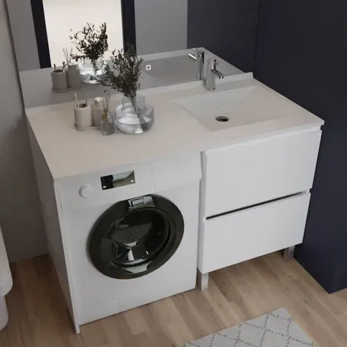 Meuble Pour Lave-linge Idea, Plan Vasque Déportée 124 Cm X 65 Cm- Blanc- Vasque à Droite