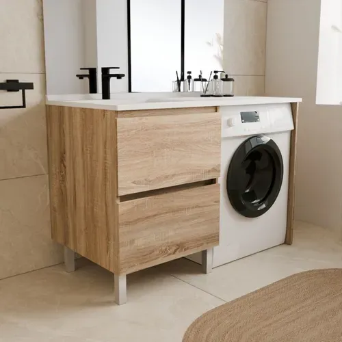Meuble Pour Lave-linge Idea, Plan Vasque Déportée 124 Cm X 65 Cm- Bois- Vasque à Gauche