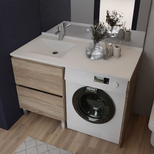 Meuble Pour Lave-linge Idea, Plan Vasque Déportée 124 Cm X 65 Cm- Bois- Vasque à Gauche
