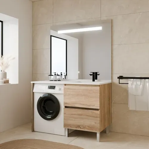 Meuble Lave-linge Idea, Plan Vasque Déportée + Miroir Elégance H105- Bois- Vasque à Droite