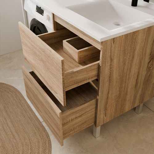Meuble Lave-linge Idea, Plan Vasque Déportée + Miroir Elégance H105- Bois- Vasque à Droite