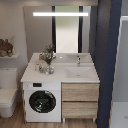Meuble Lave-linge Idea, Plan Vasque Déportée + Miroir Elégance H105- Bois- Vasque à Droite