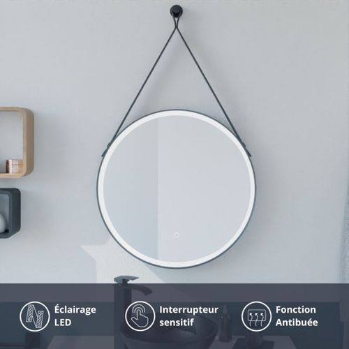 Miroir Lumineux Rond Antibuée Avec Lanière Cuir Et Cadre Noir Ring 60 Cm