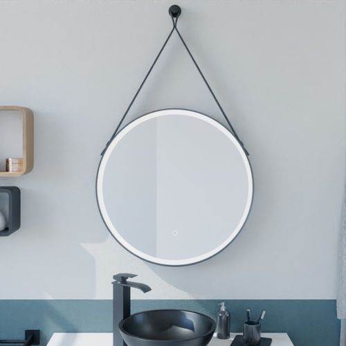 Miroir Lumineux Rond Antibuée Avec Lanière Cuir Et Cadre Noir Ring 60 Cm