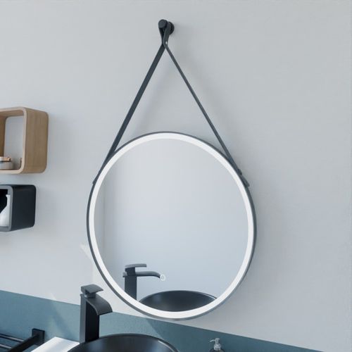 Miroir Lumineux Rond Antibuée Avec Lanière Cuir Et Cadre Noir Ring 60 Cm