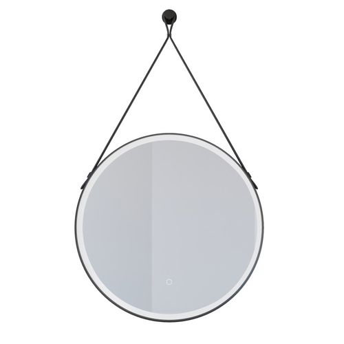 Miroir Lumineux Rond Antibuée Avec Lanière Cuir Et Cadre Noir Ring 60 Cm