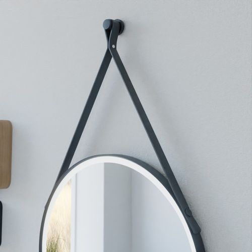 Miroir Lumineux Rond Antibuée Avec Lanière Cuir Et Cadre Noir Ring 60 Cm