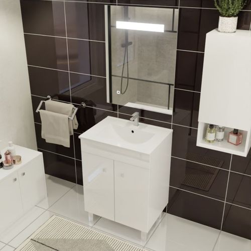 Meuble Ecoline 60 Cm Avec Plan Vasque Et Miroir Elégance Ht80 - Blanc
