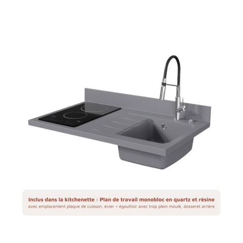 Kitchenette K00 - Bois - Plan Monobloc Cromo évier à Droite - Electroménager Blanc Inclus