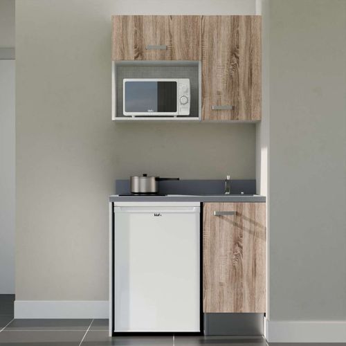 Kitchenette K00 - Bois - Plan Monobloc Cromo évier à Droite - Electroménager Blanc Inclus