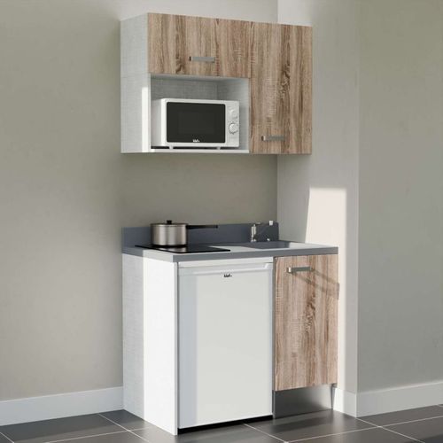 Kitchenette K00 - Bois - Plan Monobloc Cromo évier à Droite - Electroménager Blanc Inclus